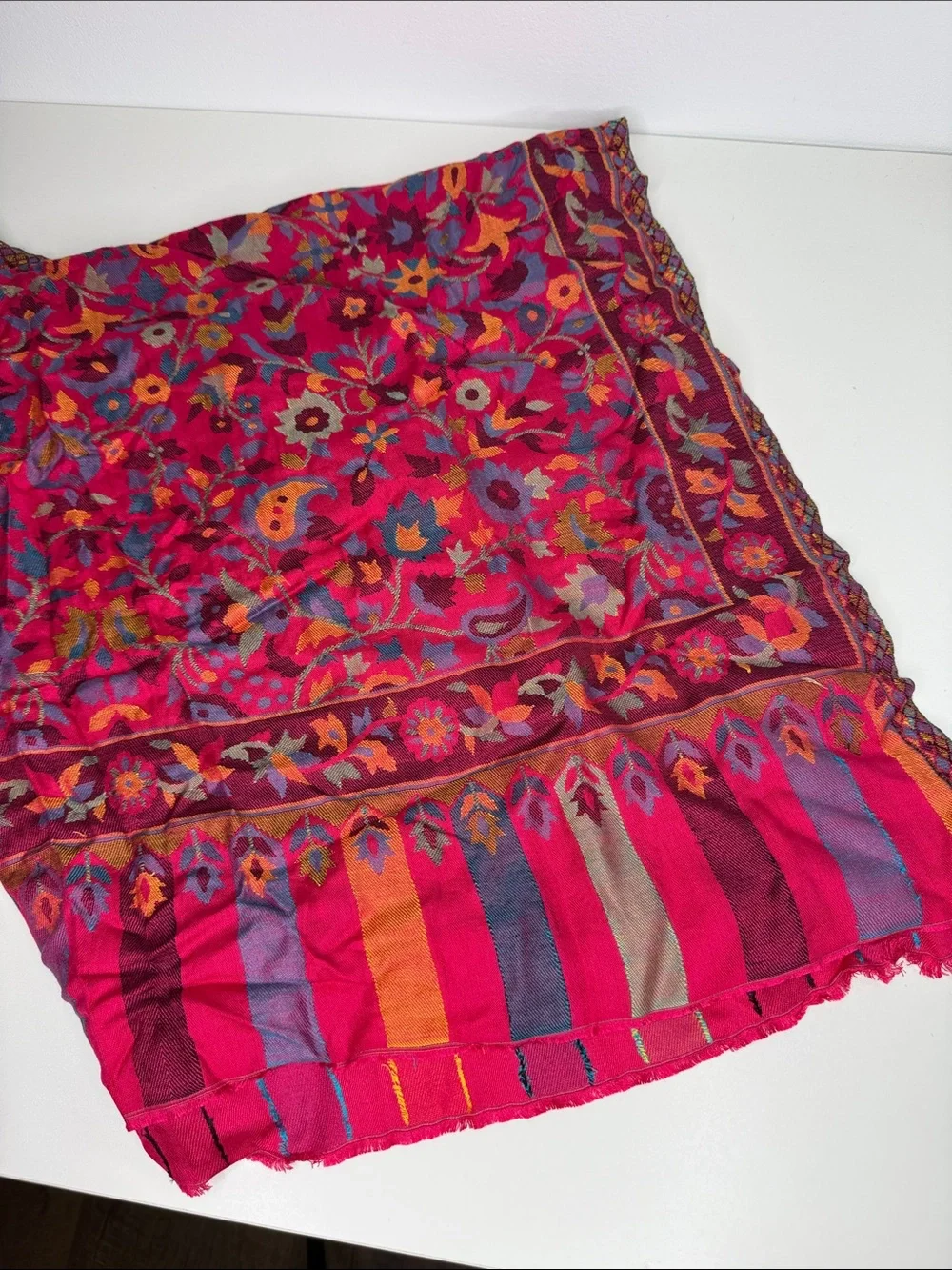 Women’s floral paisley Indian scarf handmade wool silk large shawl